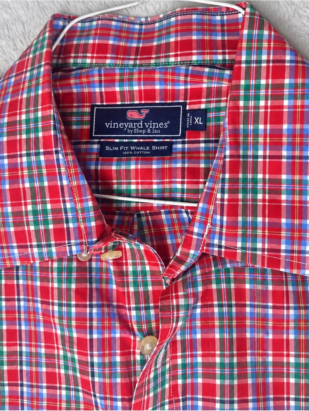 Vineyard Vines Men’s XL Slim Fit Whale Shirt – Red Multicolor Plaid 100% Cotton